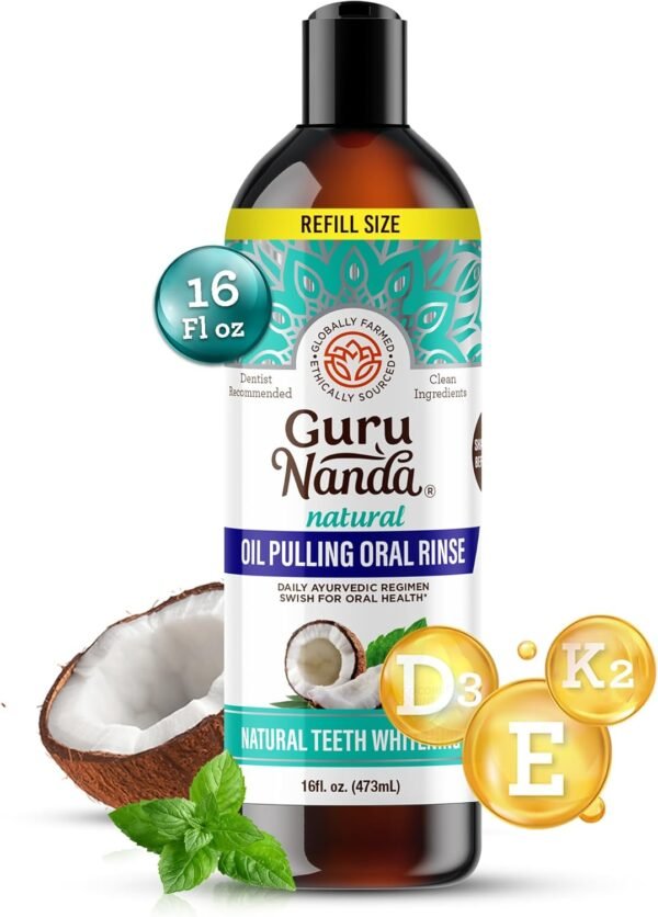 GuruNanda Coconut Oil Pulling, Fresh Breath & Whitening Mouthwash, 7 Essential Oils & Vitamins for Happy Teeth & Gums, Alcohol-Free, 16 oz  Health & Household